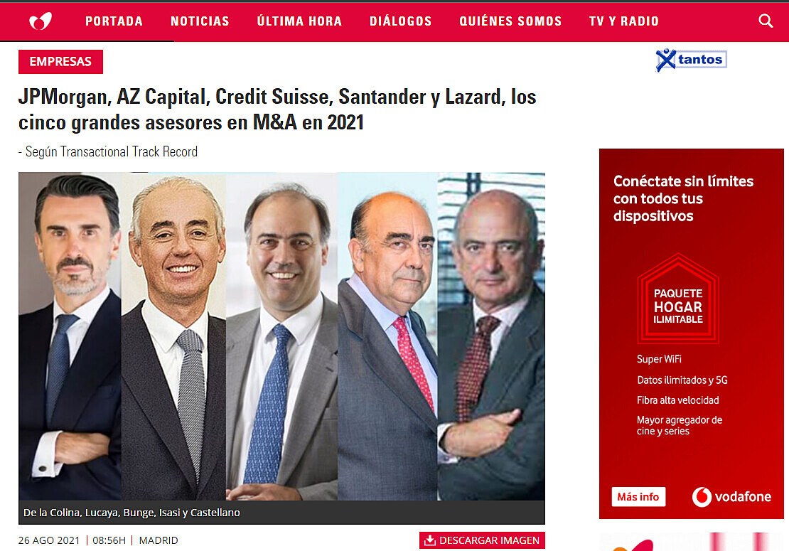 JPMorgan, AZ Capital, Credit Suisse, Santander y Lazard, los cinco grandes asesores en M&A en 2021
